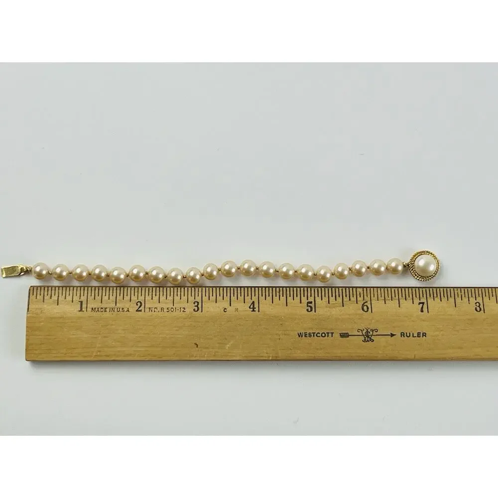 Vintage Signed Crown Trifari Gold Tone Metal Faux Pearl Beaded Bracelet Yellow